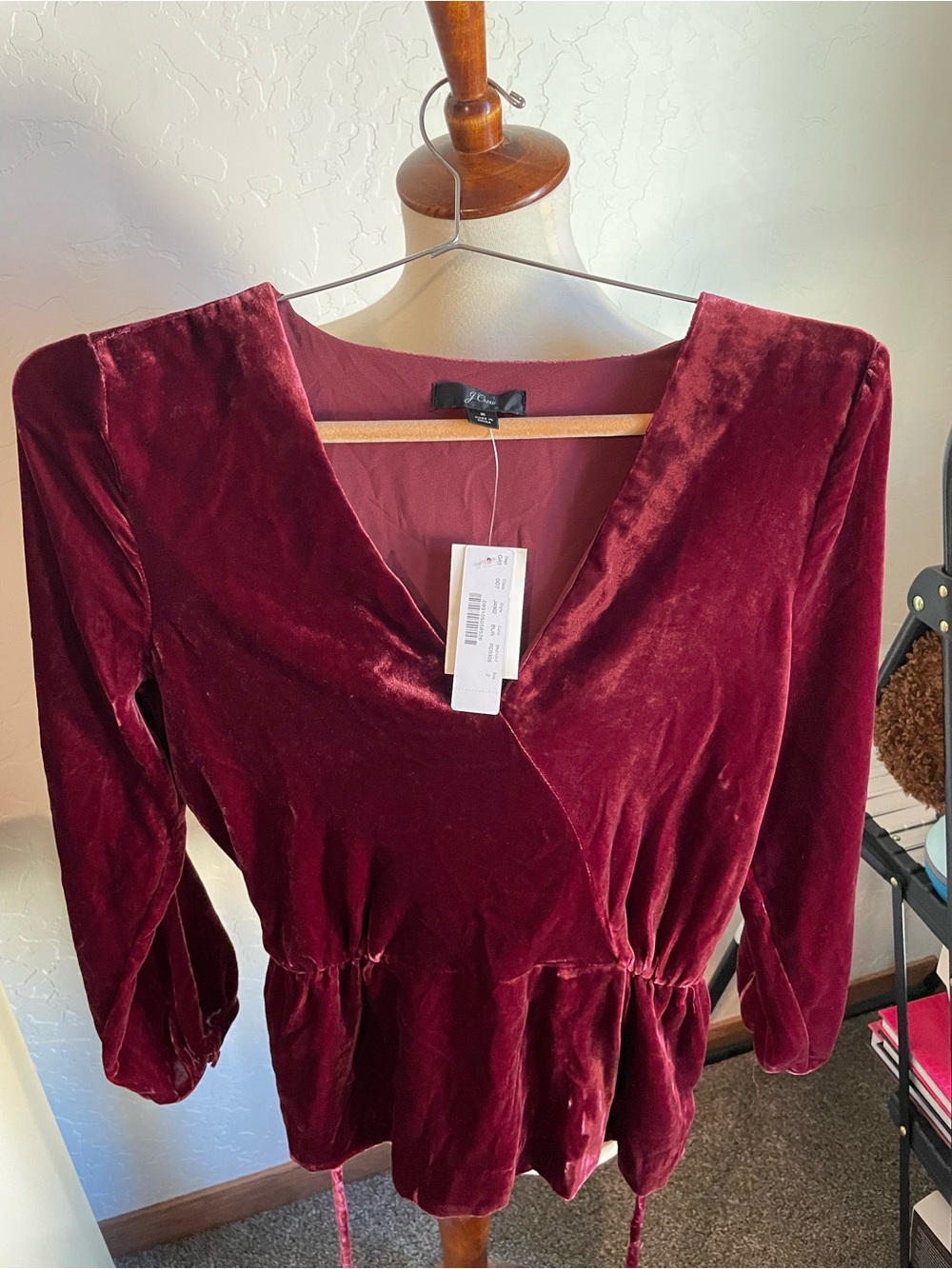 Velvet Wrap Peplum Top in Burgundy